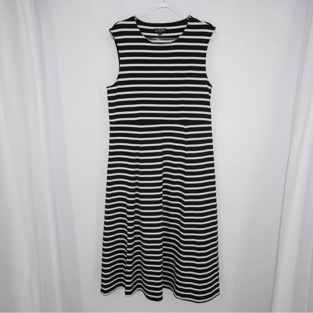 J. Crew Cap‎ Sleeve Knit Cotton Midi Dress Striped Black/White Preppy Nautical L
